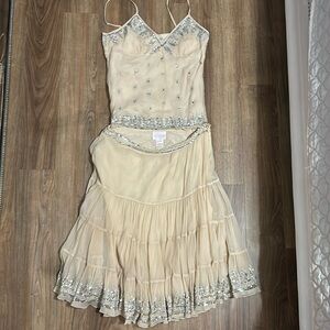 Central Park West silk two-piece outfit silver sequins top is XS bottom is small